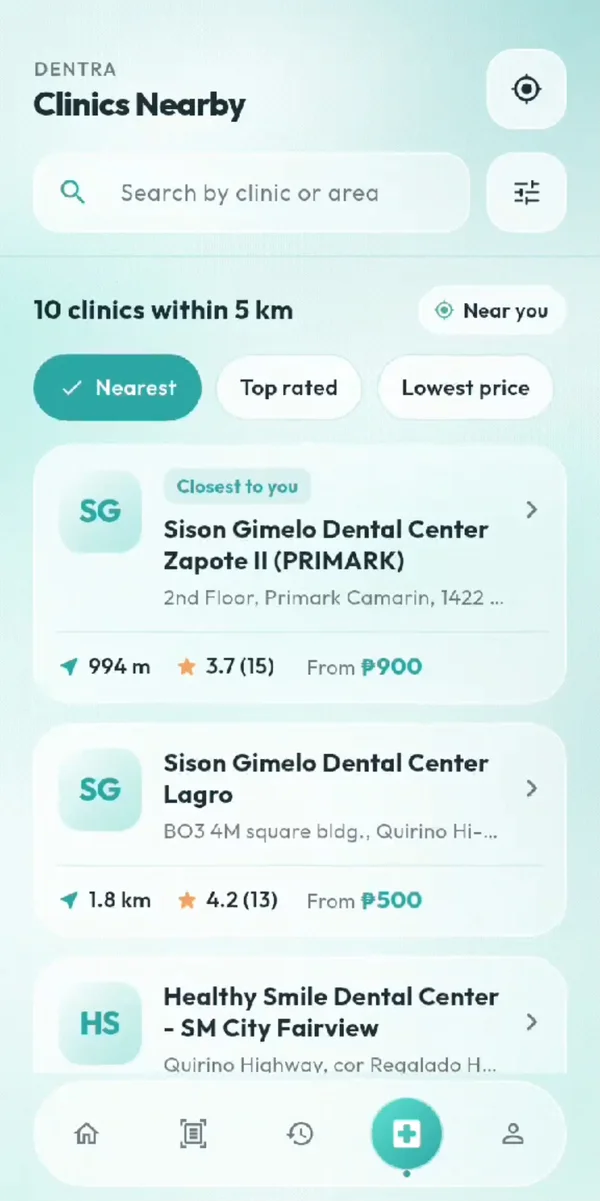 Clinics Nearby screen listing dental clinics sorted by distance