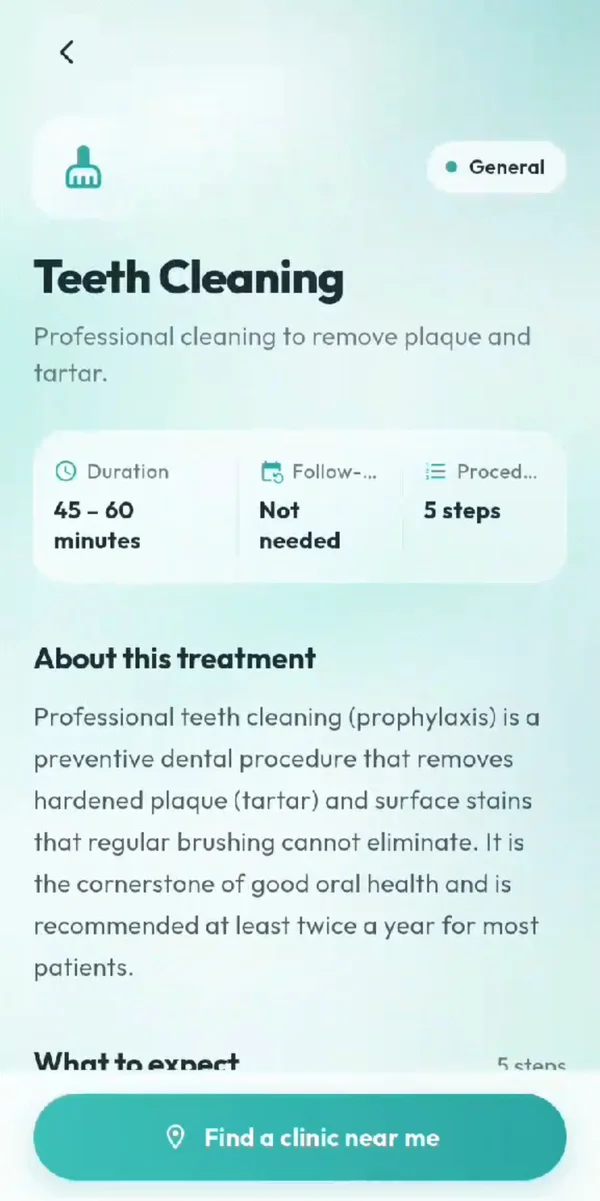 Teeth Cleaning detail screen with duration and follow-up info